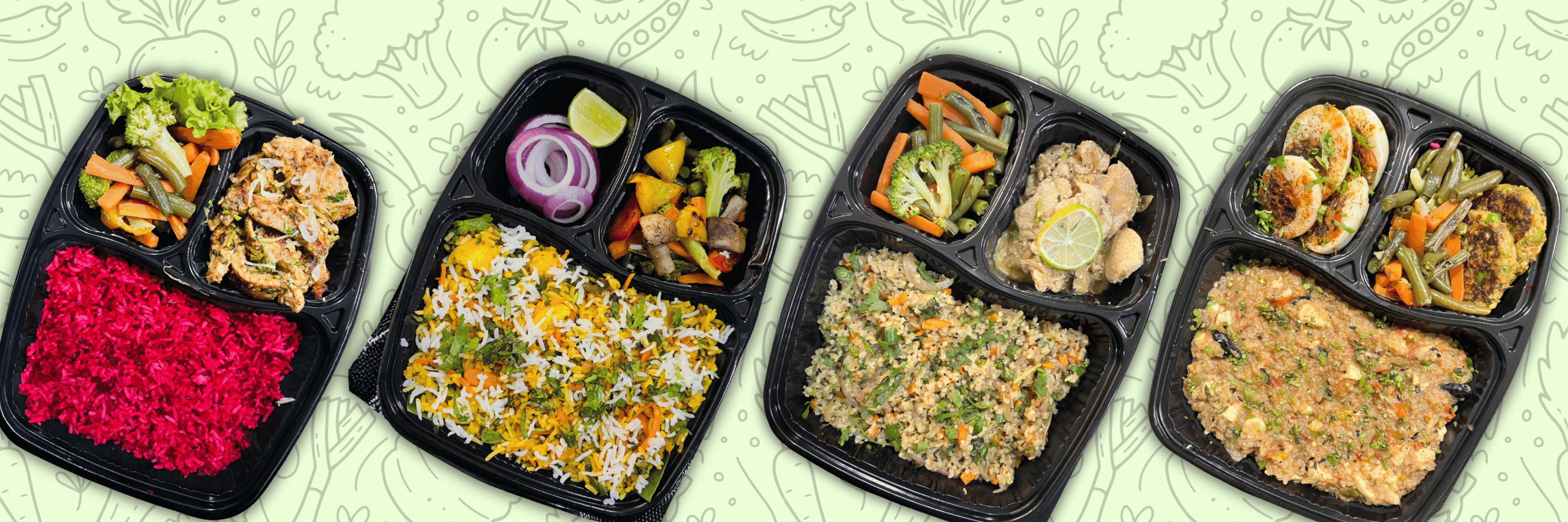 Four DietSculpt meal trays with rice, vegetables and protein