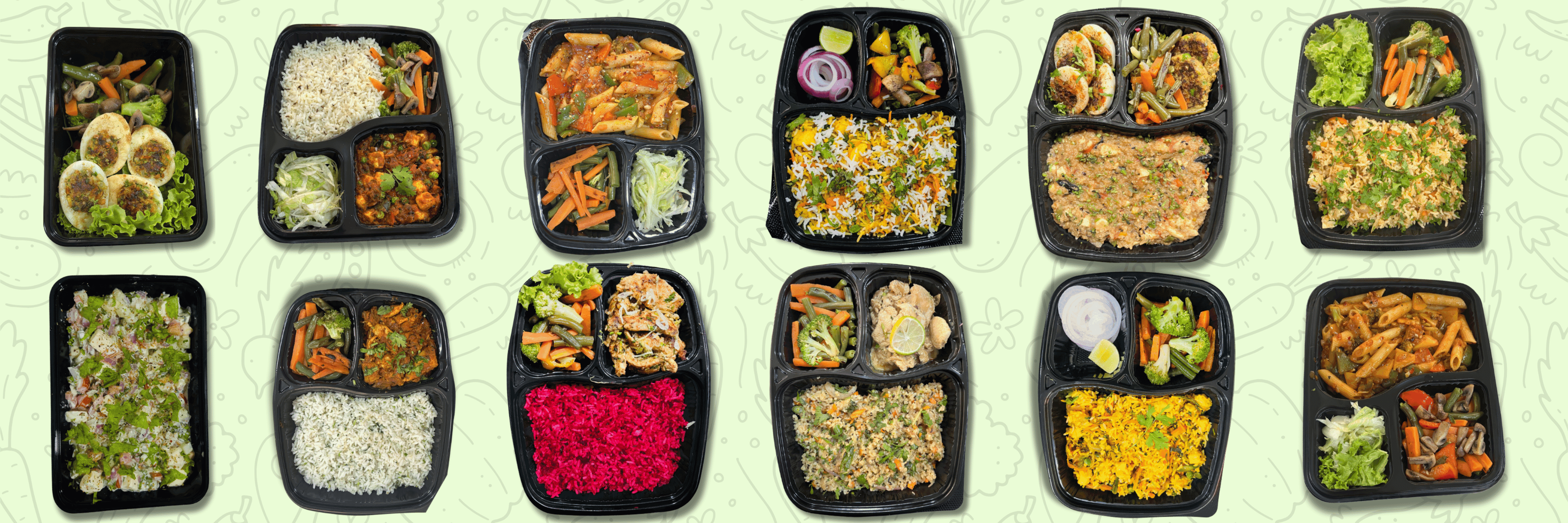 Twelve DietSculpt meal trays laid out on a table